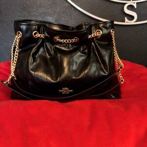 Coach Black Leather Shoulder Bag with Gold Chain